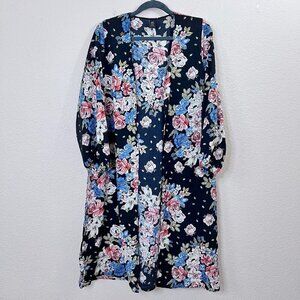 Lildy Size M Women Black Floral Open Front Bubble Sleeves Boho Oversized Duster